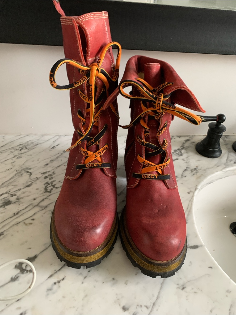 Eject Red Leather Lace-Up Platform Boots with Contrast Laces